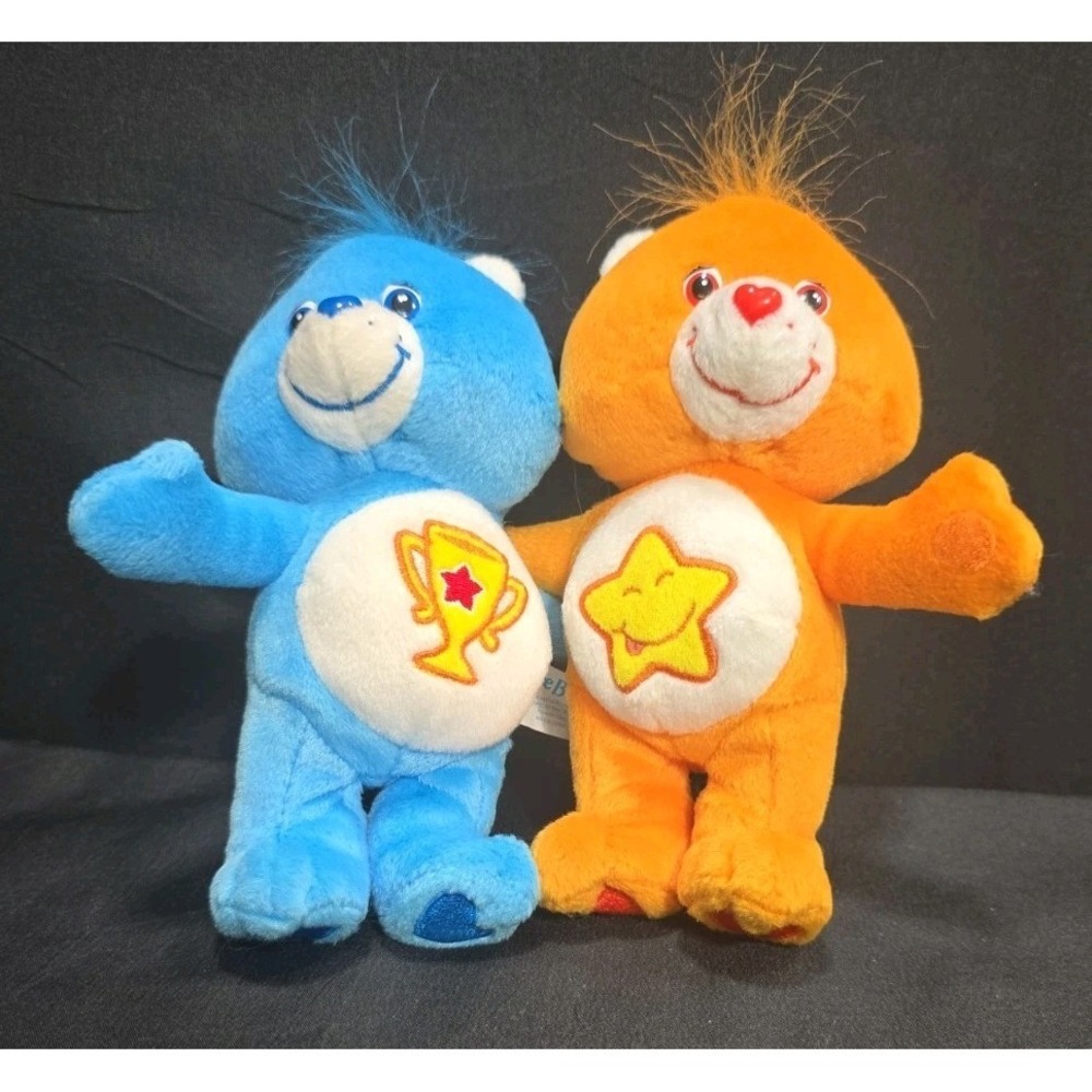Pair of Vintage Care Bears plushies Champ Bear & Laugh-A-Lot Bear 2003 Attached